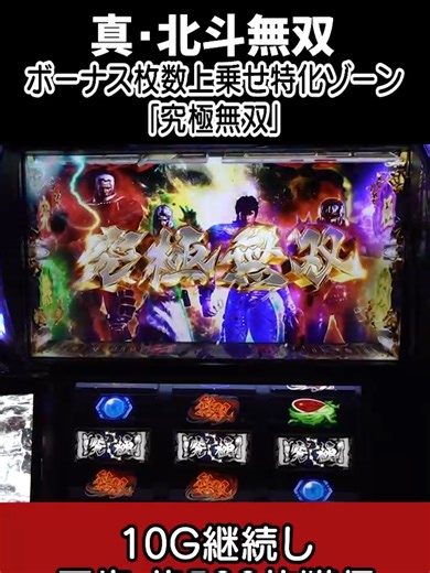 スマスロ真・北斗無双 ＜上乗せ特化ゾーン｢究極無双｣＞ BONUS枚数上乗せ特化ゾーン。継続ゲーム数は10Gで、平均獲得枚数は約500枚。 #北斗無双 #真北斗無双 #パチスロ #スマスロ