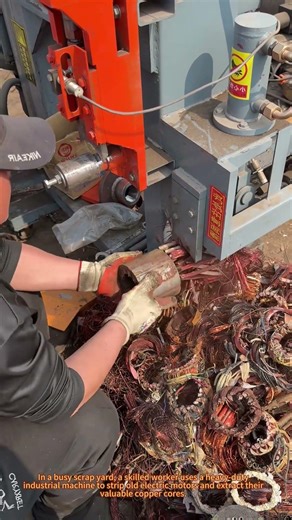 Scrap Yard Worker Extracts Copper from Electric Motors