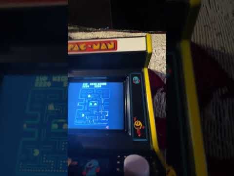 Shark puppet playing the pacman Arcade machine but small￼