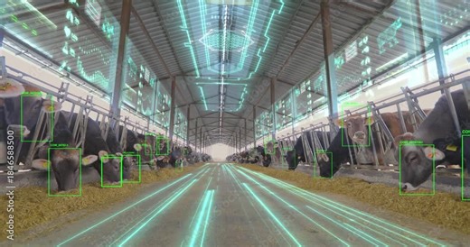 Smart farm Technology. Cattle farm. Smart livestock farm concept. Artificial intelligence controls a dairy farm. Dairy Livestock Farming. Smart agriculture. Freestall barn for dairy cows. Indoors