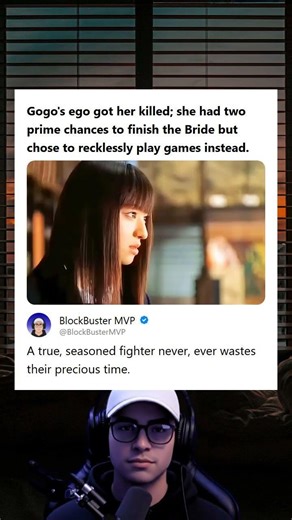 Gogos ego got her killed she had two prime chances to finish the Bride but chose to recklessly play