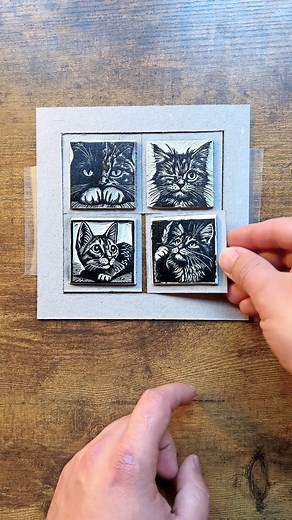 Our little quad of mini cat prints, through refined carvings, aims to express subtle emotions and showcase delicate moments. Whether you see a playful wink or a cat with one eye; perhaps a curious gaze or a confused look, each image speaks to you individually. #linocut #linocutprint #printmaker #printmaking #print #linoprint #reliefprinting #linograbado #linogravure #xilografia #gravura #blockprint #kittycat #catartwork #kittenlovers #catprint #catportrait #petportrait #handmade #cat #catlovers 