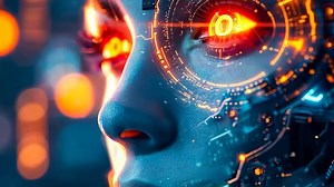 Download A close up of a robot's face with red eyes for free