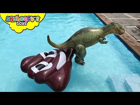T-REX Giant Poop in Swimming Pool - Inflatable Dinosaur toys and animals kids playtime