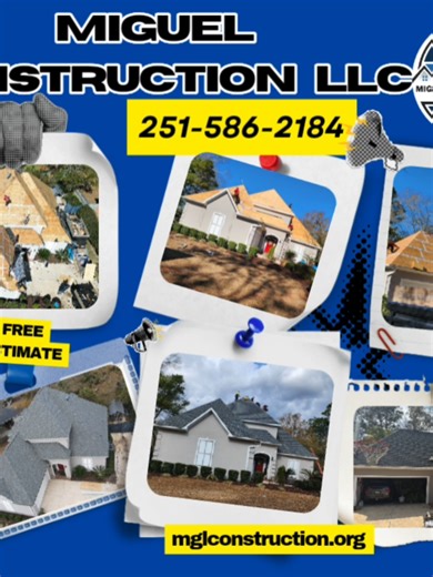 🏠🔨 Miguel Construction LLC – Quality You Can Trust We specialize in: ✔️ Roof installation & replacement ✔️ Roofing repairs ✔️ Home renovations & remodeling ✔️ FREE estimates 📞 251-586-2184 🌐 mglconstruction.org ✨ Over 10 years of experience. Let’s build it right!