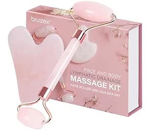 Bruizex Lymphatic Drainage Face Massager Set: Rose Quartz Face Roller & Gua Sha Facial Tool for Lymphatic Massage, Muscle Tension Relief, Skin Care, for Lymphatic Massage Oil, Serum & Face Cream