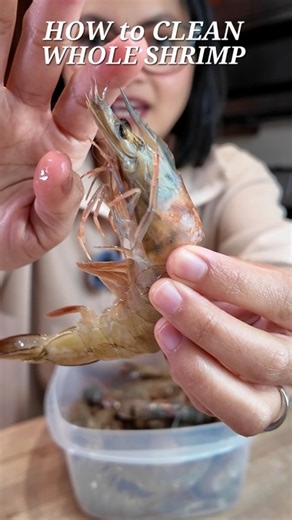Tita Becky l Cooking Content Creator on Instagram: "How to clean and devein whole shrimp with head and shell on. Tedious but necessary! Locate the sharp and pointy part of the head and cut it. Also, cut the whiskers and legs. Pierce the back or spine of with a fork or toothpick and gently pull out the poop."