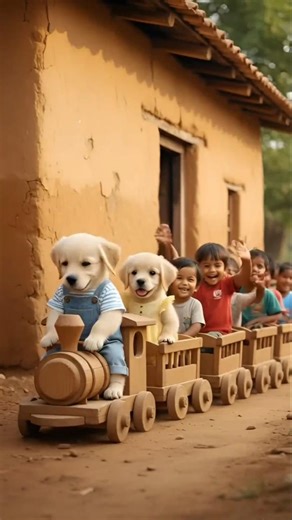 puppy makes a wooden train 🚂 for his sister #aicartoon #ai #puppy