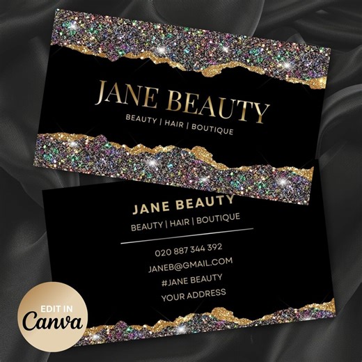 Glitter Black Gold Business Card Template Canva, Diamond Beauty Salon Business Card Design, Glam Makeup Artist Lash Hair Stylist Branding - Etsy