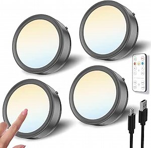 USB Rechargeable LED Puck Lights with Remote Control, 2400mAh Battery Operated Push Light Stick on Magnetic Tap Lights for Closet Wireless Kitchen Under Cabinet Touch Lamp Shelf Press Button Light