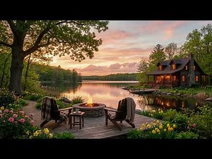 Spring Forest Cabin by the Lake | Birds Singing, Campfire & Lake Water Sounds