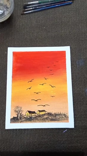 Birds Flying Over Sunset Land Golden Sunset Over the Quiet Home#nature #acrylicscenery #landscape