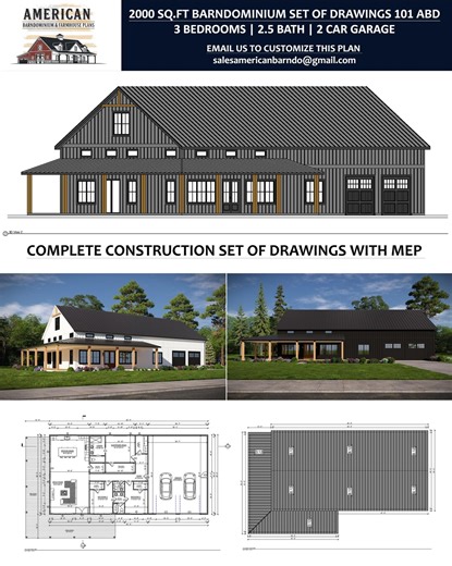 40x80 Barndominium 3 Bedroom Floor Plan With MEP Permit Plans, 2 Car Garage Having 2000 Sqft Area | Construction Set of Blueprint Drawings - Etsy
