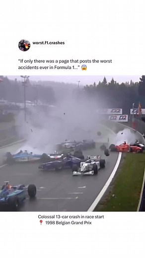 Worst Formula 1 Crashes on Instagram: "The most chaotic start in F1 history👇 The 1998 Belgian Grand Prix once provided the most frightening race in F1 history after a first-lap crash that involved 13 drivers - with only eight making it to the finish line! It would take just seconds for the carnage to unfold after David Coulthard lost control of his McLaren on the first lap - with 13 drivers being caught up in the collision. Coulthard admitted he dropped a wheel into the metal grille before his 