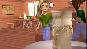 3d animation, two cartoons characters walking the wooden house