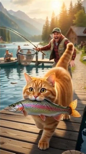 Oyen Steals Fish at Fishing Spot 🐱🐟 #orangecat #oyencat #catshorts #funnycats #shorts