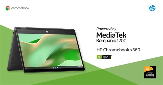 Introducing the HP Chromebook x360 powered by MediaTek Kompanio 1200. The x360 is designed for maximum mobility with the environment in mind. Take it anywhere; the x360 is thin, light, and versatile. Made with post-consumer recycled plastics, ocean-bound plastic material and recycled aluminum, the x360 makes sustainability a priority. The Kompanio 1200 delivers premium performance for ultra responsiveness, better multitasking, and enables the ultimate Chromebook experience. You can count on long
