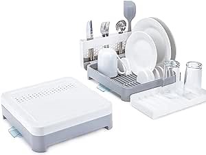 Minky Homecare Foldaway Kitchen Dish Rack – Countertop Collapsible Dish Drying Rack with Drainboard for Pots and Pans, Plates, Glasses, Cutlery - White/Grey