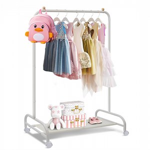 Wdmiya White Kids Clothing Rack, Baby Clothes Rack for Hanging Clothes with Wheels and Bottom Storage Shelf, Small Toddler Garment Rack Kids Dress Up Storage Rack for Coats, Skirts, Dance
