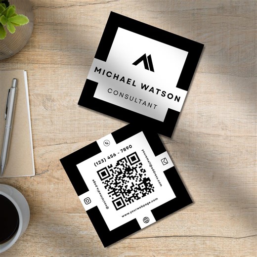 Modern Minimalist Square Business Card Template, Custom Card Design, With QR Code, Canva - Etsy