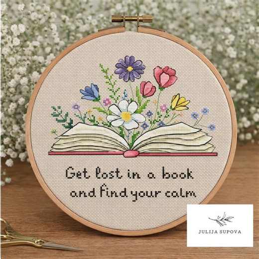 Book With Flowers Cross Stitch Pdf Pattern Counted Sewing Embroidery Punto De Cruz Wreath Floral - Etsy