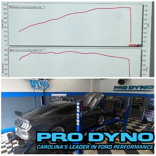 Alright, let's hit the dyno again with that sweet Mustang! 431hp 391torq #Prodyno #NoMailOrderTunes #CarolinasLeaderInFordPerformance #Dynojet #SCT #SVT #DynoTuning #HPTuners #Coretuning #Mustang #CustomTune #MustangWeek #diagnostics | Pro Dyno