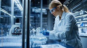 A professional female scientist, in a lab coat and safety goggles, standing in a laboratory surrounded by test tubes and microscopes. She looks at her research with intense focus. 4k video footage
