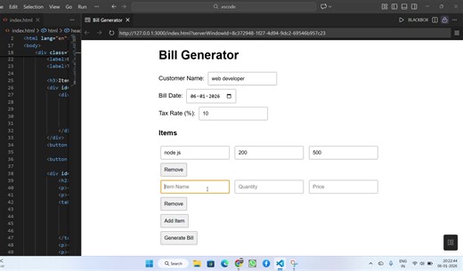 A bill generator web page can be a simple tool for creating invoices or receipts. It typically allows users to input details like items, quantities, prices, and customer info, then generates a printable bill. I'll provide a basic implementation using HTML, CSS, and JavaScript. This is a client-side solution—no server needed. You can copy-paste the code into a file (e.g., bill-generator.html) and open it in a browser. Key Features Input fields for bill details (e.g., customer name, items, prices)