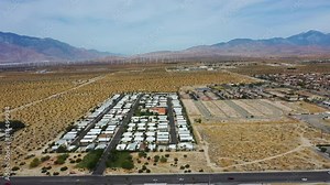 Mobile Home Park In City Of Desert Hot Springs In Riverside County, California. aerial pullback shot