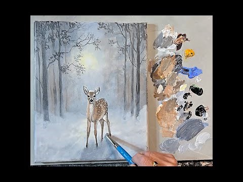 A Lovely Winter Deer Scene / Acrylic Painting for Beginners