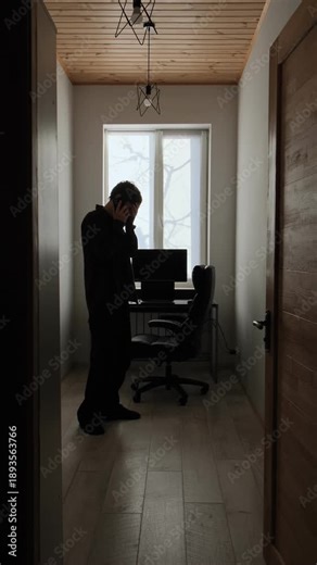 Man receiving bad news on phone in home office, slow motion, stress and shock, career problems, remote work crisis, lifestyle, vertical video