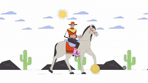 Cowboy horse riding through desert landscape line cartoon animation. Tumbleweed rolling 4K motion graphic. Young man in american west 2D linear animated character isolated on white background