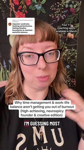 Replying to @TurtleInTheWaves423 time management and setting boundaries are (well-intentioned!) attempts at steamrolling over a powerful thing that’s going on in your subconscious mind and is at the root of the perfectionism & imposter syndrome. In order to change the patterns, you need to get the support that will change those subconscious narratives. The most powerful way I’ve found to do this is through nervous system, somatic and movement-based changework. It’s what got me out of burnout & i