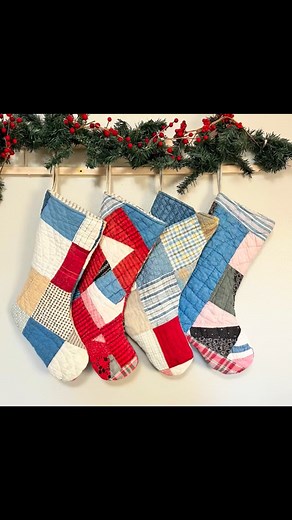 These 4 Quilted Christmas Stockings would look great hanging from a mantle. The vintage quilt is on the front and backside of the stockings. These are a perfect country farm house style. Each is lined with vintage blue and beige striped fabric. Just listed in my Etsy store, Tilliegirlstudio, link in bio. Or they are available here, $38 each, shipped free to continental US. They are all approximately the same size. Measurements are flat. Top to Bottom 18 - 19” (not including loop) Opening 8” Toe 