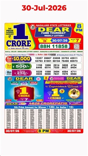 8 PM Nagaland State Lottery Sambad Live Result 30/07/2026 | Dear Lottery Today Result Live Update
