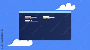 abstract cartoon stylized 2d programming window with moving shapes in blue colors. Clouds in background with blue backdrop