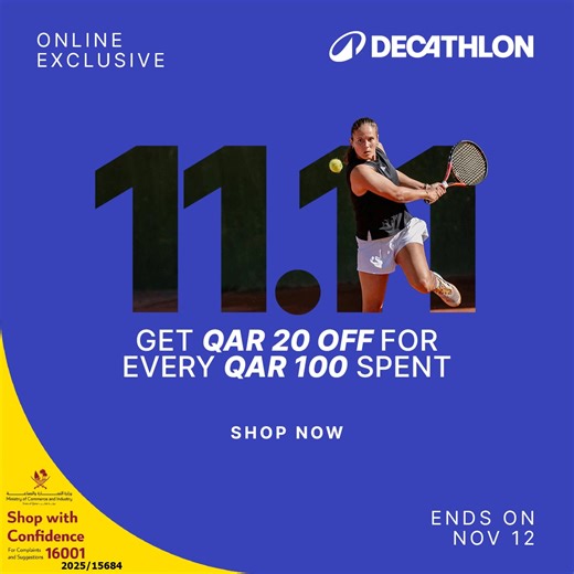 🏋️‍♀️ Don’t miss Decathlon’s 11.11 offer—QAR 20 OFF every QAR 100 spent! Online Exclusive till Nov 12 🏃‍♂️ | Decathlon Qatar