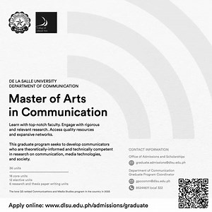 Explore infinite possibilities with the lone QS ranked Communication and Media Studies program in the country. Application for Term 3, AY 2025-26, is from January 19 to February 14. Classes will start in May. Scan the QR code for the program brochure. The application link is in the comment section. For inquiries, email the Department of Communication Graduate Program Coordinator gpccomm@dlsu.edu.ph or Office of Admissions and Scholarships via graduate.admissions@dlsu.edu.ph *** De La Salle Unive