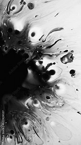 Vertical video. Ink splash. Oil stains. Black oil spatters spreading dark fluid drops floating water whirl abstract dynamic background.