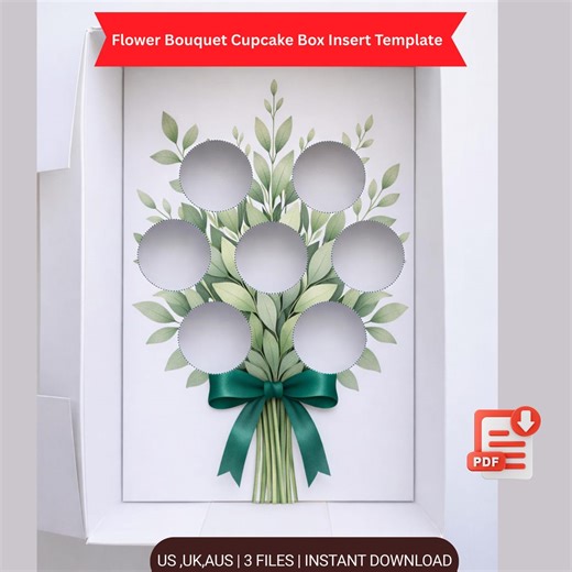 Flower Bouquet Cupcake Box Insert PDF – Ready-made Printable Cupcake Packaging Template With Green Ribbon - Etsy