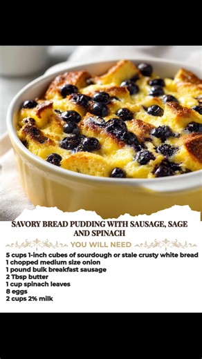 Savory Bread Pudding with Sausage, Sage and Spinach This savory bread pudding with sausage, sage, and spinach is perfect for a cozy weekend brunch! I love making it for my family – it's hearty, tasty, and easy to whip up! Enjoy a warm meal together! | Tasty Trails