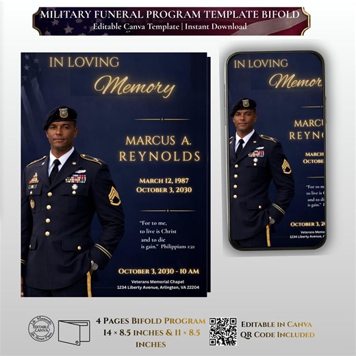 Military Funeral Program Template, Navy Blue Gold Bifold (canva Editable, Digital Download) - Etsy
