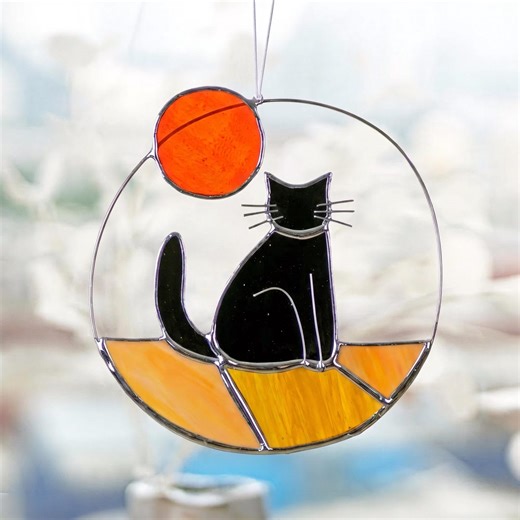 Custom Cat Stained Glass Cat With Sun Rainbow Bridge Window Hanging Cat Sun Catcher Boho Cat Cat Memorial Gift Black, Tabby... - Etsy