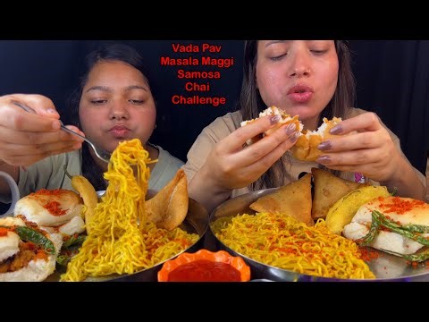 Eating Spicy🔥 Masala Maggi, Tandoori Cheese Vada Pav, Aloo Samosa, Chai | Indian Food Challenge