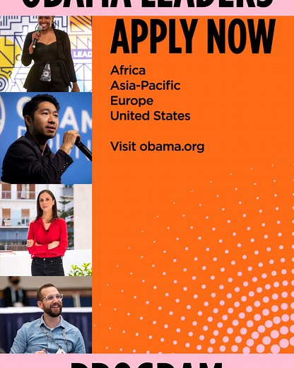 🌍 Calling all changemakers! The Obama Foundation is seeking to empower, develop, and connect leaders from Africa, Asia-Pacific, Europe, and the United States to join our #ObamaLeaders program. If you’re creating real impact in your community and are between the ages of 24-45, apply now to develop your leadership skills and join a cohort leading on a global scale. Deadline: Dec. 12 → obama.org/programs/leaders | Obama Foundation