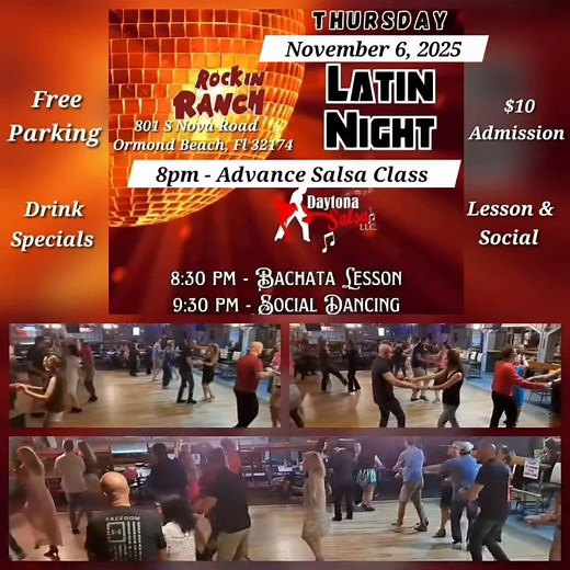 "Thursday Latin Night" * November 6, 2025 * 8pm Advance Salsa Class 8:45pm Bachata Class Social Dancing w/ DJ David Rockin Ranch 801 S Nova Rd, Ormond Beach $10 (I don't own the rights to this music) #salsadancing #daytonabeach #bachatadancing #ormondbeach #palmcoast #portorange #newsmyrnabeach #ballroomdancing #dancelessons #nightlife #nightclub #singlesdating #entertainment | Kevin Guerra | Facebook