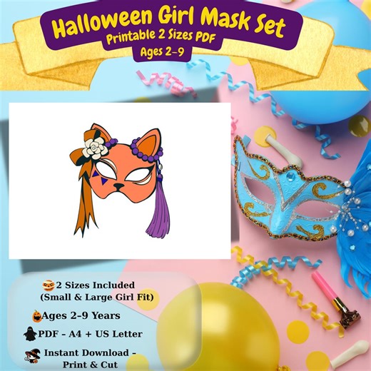 Halloween Printable Girl Masks for Kids, 2 Sizes (2–9 Years), DIY Costume PDF, Party & Dress-up Fun - Etsy