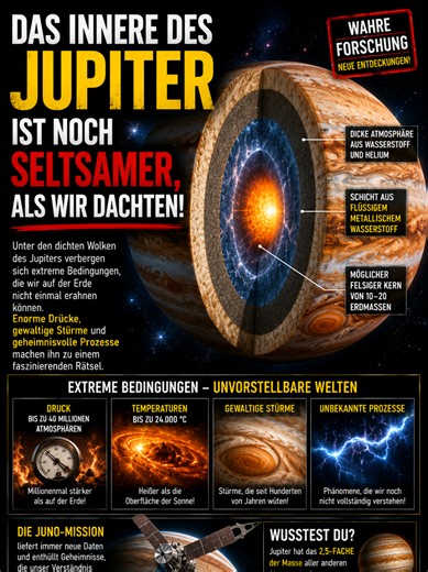 Jupiter ist der größte Planet unseres Sonnensystems – doch sein Inneres bleibt eines der größten Rätsel der Astronomie. 🪐🌌 Wissenschaftler vermuten, dass sich tief im Inneren des Gasriesen ein gewaltiger Kern befindet, der von Schichten aus flüssigem metallischem Wasserstoff umgeben ist. 😳 Unter dem enormen Druck und den extremen Temperaturen entstehen Bedingungen, die auf der Erde unmöglich wären. Missionen wie Juno liefern immer neue Daten und helfen Forschern, die Geheimnisse des Jupiter S