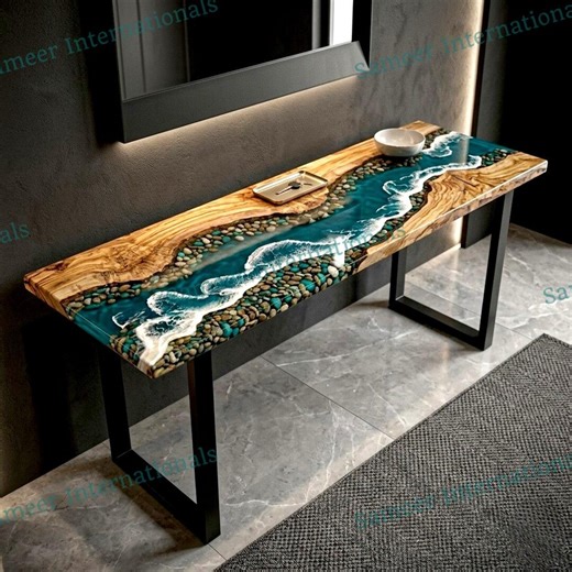 Teal Epoxy Console Table With River Stone and Waves Design Entryway Furniture Custom Made - Etsy