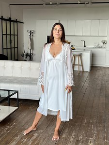 Women’s Sleepwear Set – Nightgown and Transparent Lace Robe, Cozy Handmade Loungewear - Etsy
